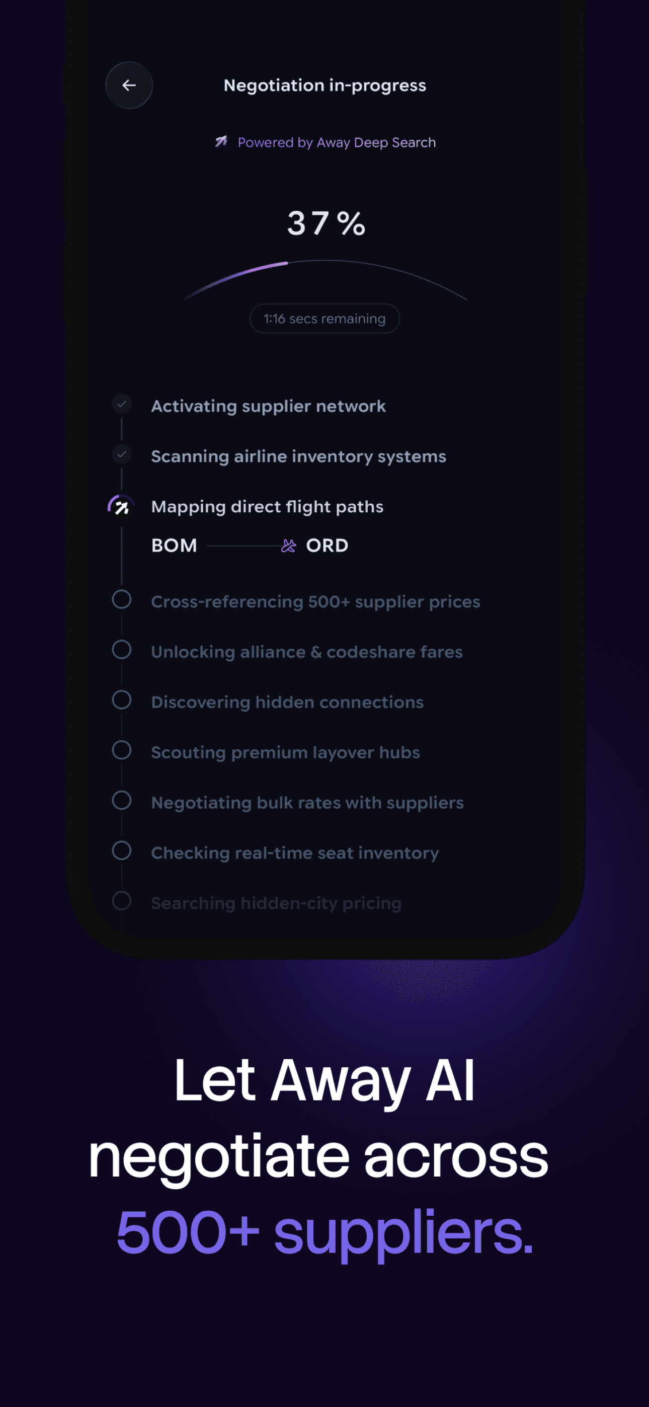 Away Deep Search negotiating live across 500+ suppliers